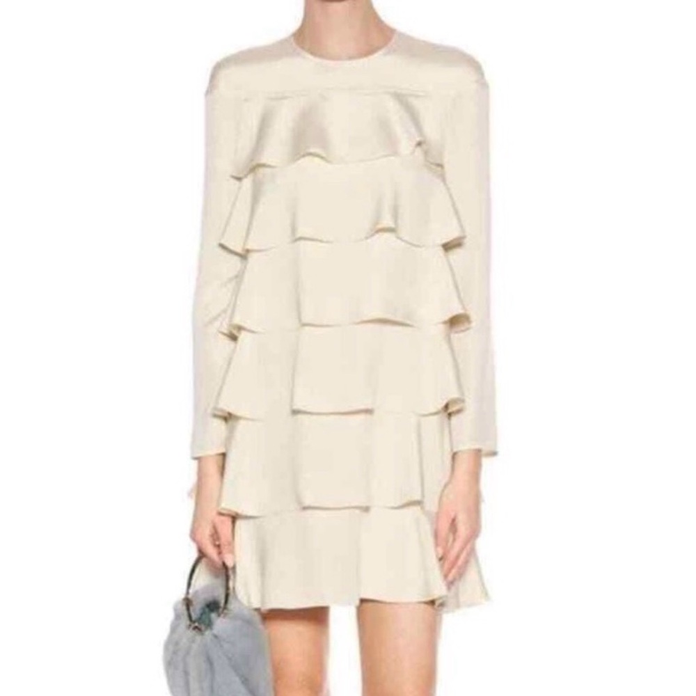 Valentino Cream Tiered Long-Sleeve Mini Dress